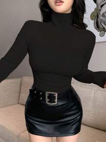 DAZY Women's Solid Color Black Turtleneck Long Sleeve Fitted T-Shirt, Autumn,Fall Women Clothes