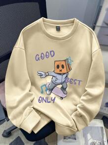 Manfinity Hypemode Áo nỉ in họa tiết cổ tròn cỡ lớn cho nam, áo nỉ dài tay cổ tròn màu kaki tối giản và thời trang khi đi chơi, quà tặng cho bạn bè, chồng, bạn trai - Màu Khaki - Xem 2