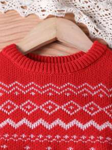 SHEIN Baby Girls' Round Neck Pullover Fair Isle Knit Cute Sweater Dress - Red - View 3