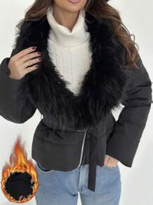 SHEIN Privé New Autumn/Winter Warm & Elegant Casual Modern Fashion Fur Collar Belt Black Padded Coat