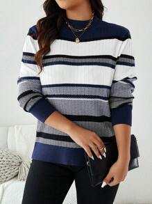 Áo len kẻ sọc dệt kim cỡ lớn cổ cao cho mùa thu Trang phục mới cho phụ nữ Quần áo mùa đông cho phụ nữ Trang phục ngày lễ Trang phục giữ nhiệt năm mới cho phụ nữ Trang phục sinh nhật cho phụ nữ - Xanh đậm - Xem 8