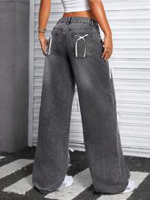 SHEIN ICON 女式低腰蝴蝶结装饰洗水牛仔裤