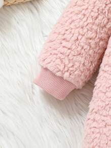 SHEIN 新生女孩卡通熊图案羊毛圆领长袖厚毛绒连体衣 - 粉色 - 查看 3