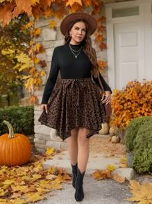 SHEIN LUNE Plus Size Women Casual Patchwork Leopard Print Asymmetrical Hem Dress, Autumn/Winter Thanksgiving Outfit Holiday Outfit
