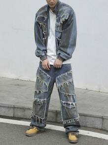 Manfinity EMRG 2pcs Men Casual Denim Zip Up Long Sleeve Top And Trouser Set