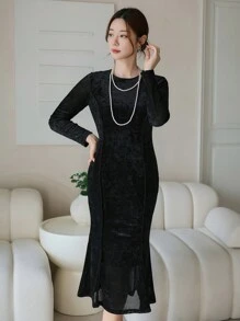 DAZY Damen elegantes einfarbiges Midi-Kleid mit rundem Ausschnitt, Langarm und schlanker Passform für Herbst, Herbstmode für Frauen - Schwarz - Übersicht 6