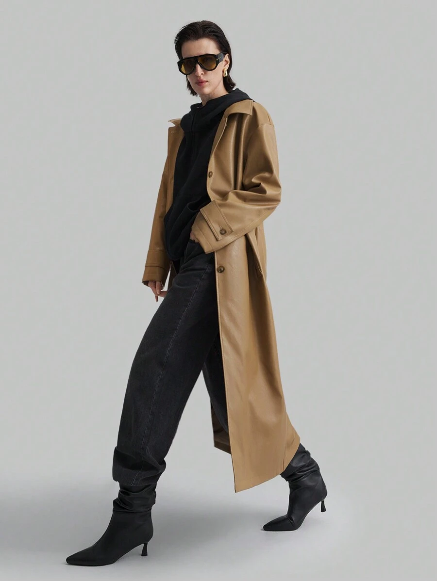 Ontre Áo khoác dài đơn hàng khuy đơn giản màu kaki cho nữ, phong cách công sở cao cấp cho mùa xuân, thích hợp cho ngày lễ tình nhân, năm mới - Lạc đà - Xem 1