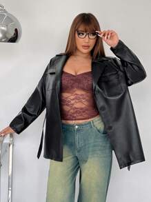 SHEIN EZwear Plus Size Solid Color Turn-Down Collar Cinched Waist Jacket, Autumn/Winter