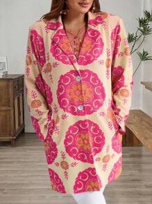 EMERY ROSE 大码女式乡村民族风花卉印花翻领单排扣长款夹克，女士冬装 - 彩色 - 查看 3