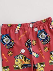 2pcs Young Boys Red Simple Train Print Long Sleeve Snug Fit Lounge Set - Red - View 4