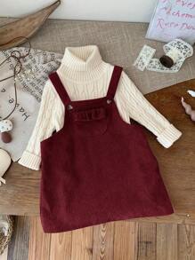 SHEIN LMoss Kids LMoss Baby Girl Cute Burgundy Corduroy Overall Dress