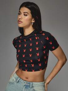 Missguided x Playboy Áo thun in hình thỏ con phong cách retro crop top họa tiết AOP tay ngắn ôm vừa vặn thời trang mùa hè thường ngày dạo phố lễ hội Y2K mặc hàng ngày - Nhiều màu - Xem 3