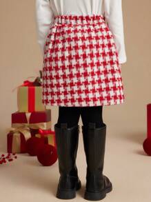 PrepCrw Young Girls Houndstooth Print Elastic Waist A-Line Skirt, Fall/Winter - Red - View 2