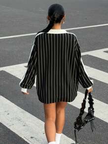 Muchica Women Striped Letter & Number Print Athletic Polo Collar Long Sleeve JerseyT-Shirt, New Arrival