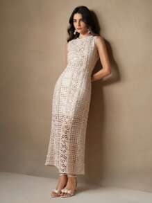 Anewsta Váy dài chất liệu khoét rỗng tối giản phong cách Pháp dành cho nữ, mùa thu/đông - Màu be - Xem 4