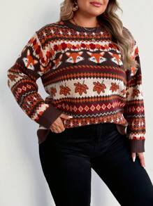 SHEIN CURVE+ Áo len hở vai họa tiết cáo và lá cỡ lớn cho nữ, mùa thu, mùa đông - Cà phê nâu - Xem 6