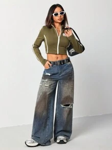 SHEIN EZwear 女式宽松低腰阔腿破洞牛仔裤，蓝色 - 藍色 - 查看 4