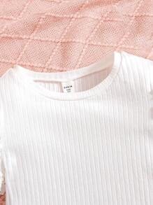 SHEIN Tween Girls' Knitted Solid Color Round Neck Patchwork Woven Bubble Sleeve Fitted Casual Dress