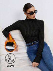 SHEIN Tall Women's Small High Collar, Wide Ribbeds And Thick Velvet Long-Sleeved T-Shirt Is Warm And Suitable For Autumn And Winter