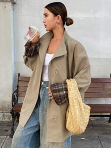 DAZY Solid Color Loose Long Sleeve Turndown Collar Contrast Color Trim Women Regular Jacket,Back To School Clothes,Fall Women Clothes Women Coats - Khaki - View 1
