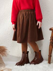 Blossori Young Girls' Elegant Dark Coffee Corduroy A-Line Elastic Waist Midi Skirt, Autumn/Winter Girls Brown Skirtbrown Skirt Kidsbrown Skirt For Kidsskirt Brownwinter Skirt - Brown - View 1