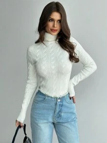 Firerie Women's Elegant Casual Collegiate Style Vintage White Turtle Neck Cable Knit Ribbed Fitted Sweater, Autumn/Winter New Arrival