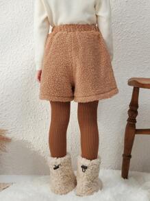 Blossori Quần short lưng thun rộng rãi dệt kim kiểu Pháp thanh lịch cho bé gái, màu cà phê, thu/đông - Màu Khaki - Xem 2