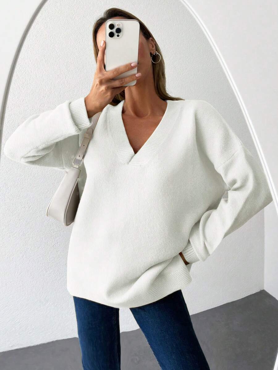 EURMUSE Jersey de cuello V de hombros caídos - Blanco - Ver 1