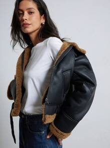 Aveloria Modichic New Autumn/Winter Women PU Leather Short Faux Shearling Thermal Lined Jacket, Women Leather Jacket Faux Leather Aviator Jacket With Borg Lining 