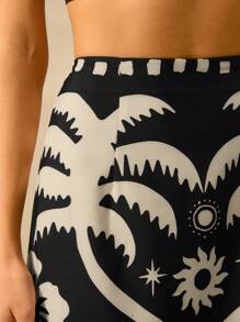 SHEIN x Eduarda Gutierrez CAJUNI 2pcs Women Summer Vacation Sun And Coconut Tree Print Cropped Cami Top And Fitted Maxi Skirt  Casual Tropical Boho Set - Black - View 8