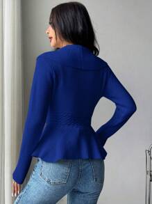 Chiquease Women Solid Color Front Button Ruffle Hem Elegant Long Sleeve Cardigan Sweater - Royal Blue - View 2