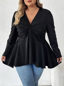 SHEIN CURVE+ Camiseta de mujer de talla grande de cuello en V elegante, de manga larga y cintura ceñida, apta para primavera, verano, otoño e invierno