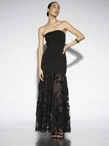 AiiRZ Vestido largo de gasa con cintura caída y aplicaciones florales en 3D