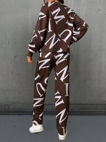 SHEIN LUNE 2 pièces Ensemble de femmes décontracté automne/hiver avec sweat-shirt à capuche imprimé lettres bicolore et pantalon de survêtement long