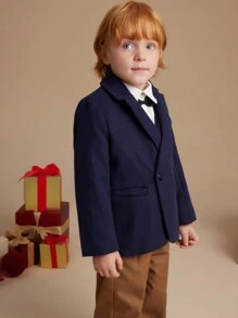 PrepCrw 小男孩蓝色纯色编织西装外套，校园风格