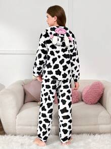 SHEIN Tween Girls 2-Pc Soft Fleece Cow Ear Hooded Long Sleeve Top & Pants Pajama Set, Comfortable And Skin-Friendly For Autumn/Winter - Black and White - View 2