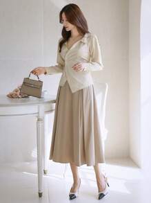 DAZY Áo cánh dài tay cài nút phía trước màu trơn dành cho nữ, trang phục thường ngày, trang phục mùa thu - Màu be - Xem 5