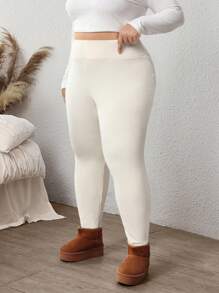 SHEIN CURVE+ Plus Size Effen Geribbelde Legging Voor Vrouwen, Voor De Winter