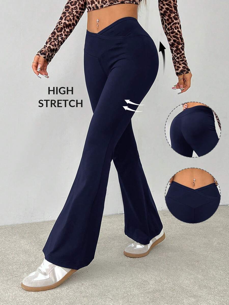 SHEIN PETITE Quần ống loe cạp cao đơn giản màu trơn - Màu xanh hải quân - Xem 1