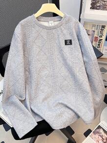 SHEIN Teen Boys' Casual Loose Fit Comfortable All-Match Style Woven Label Decoration Long Sleeve Crew Neck Top
