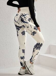 SHEIN Floral Print Adjustable Waistband Maternity Leggings, Skinny Pants - Apricot - View 2