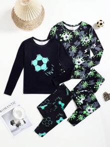 SHEIN Conjunto de pijama de 4 piezas para niño preadolescente con top de manga larga raglán con gráfico de fútbol fluorescente de cuello redondo y pantalones ajustados y cómodos