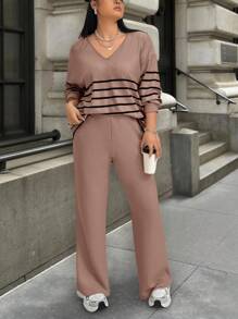 SHEIN LUNE 2pcs/Set Plus Size Women Stripe V-Neck Drop Shoulder Long Sleeve Top And Pants Casual Suit, Autumn - Khaki - View 4