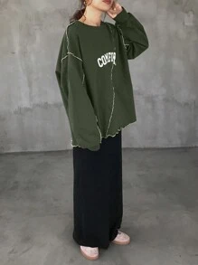 FRIFUL 女士撞色宽松印花T恤，秋季长袖女式上衣图案T恤 - 軍綠色 - 查看 5