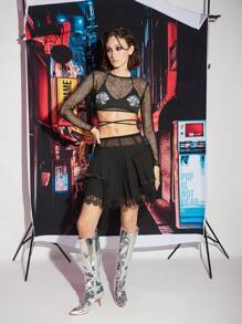 NO NAME Designer Women's Black See-Through Mesh Contrast Lace Belt Party Date Mini Skirt, Going Out, Vacation, Spring, Beach, Festival, Ibiza Fits - Black - View 4