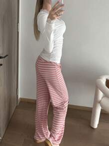 CovetEZ Low-Waist Striped Brushed Long Pants With Drawstring Waist, Yoga & Loungewear, Suitable For Spring & Autumn