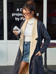 SHEIN 优雅复古少女毛绒翻领格子长外套，温暖通勤或日常穿着，秋冬季 - 寶藍色 - 查看 5