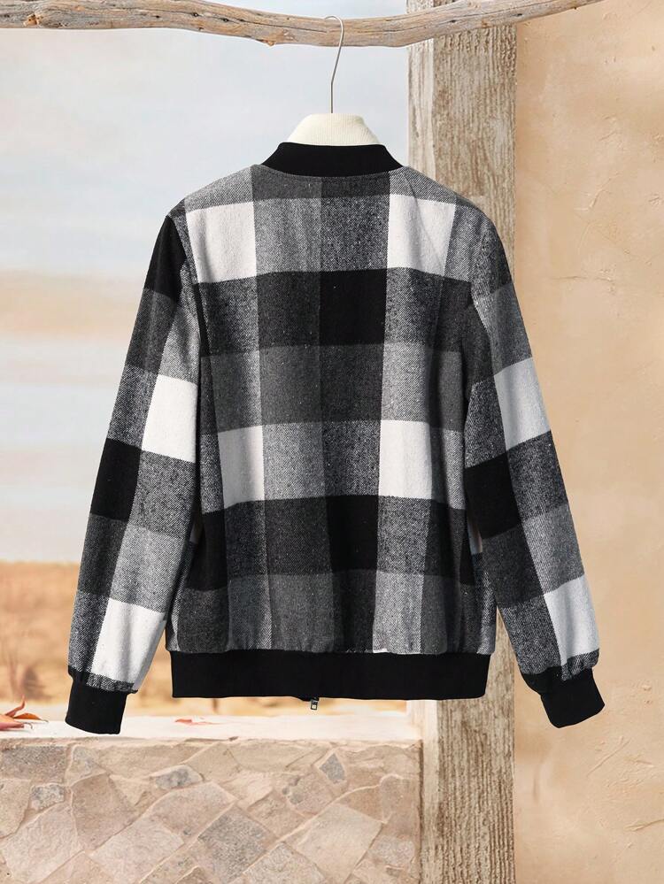 Women Casual Plaid Oblique Zipper Pockets Front Zip Up Baseball Jacket, Spring & Autumn