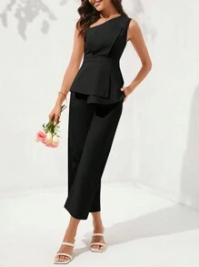 SHEIN Clasi 1 Set Top sin mangas acampanado y pantalones palazzo con volantes asimétricos para mujer - Negro - Ver 11