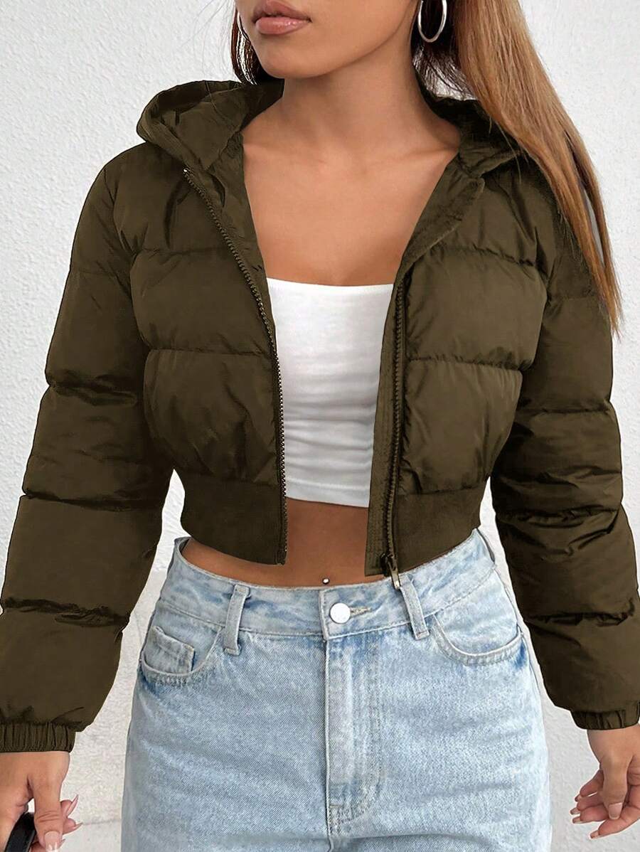 SHEIN VCAY Plus Size Simple Plain Color Cropped Hooded Padded Coat, Casual Winter